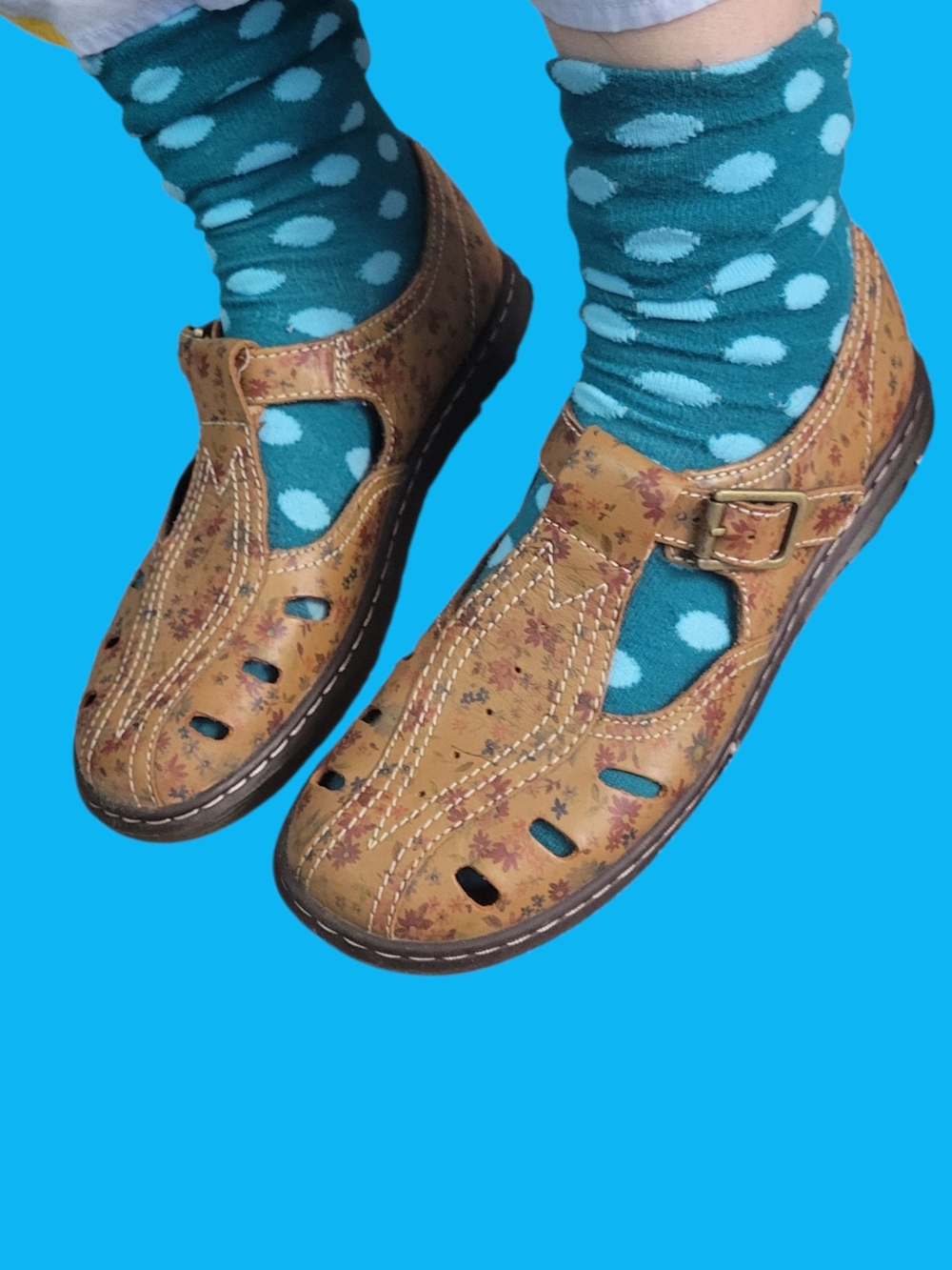 Dr MARTENS CESCA Tan Floral Leather Mary Jane Sandals